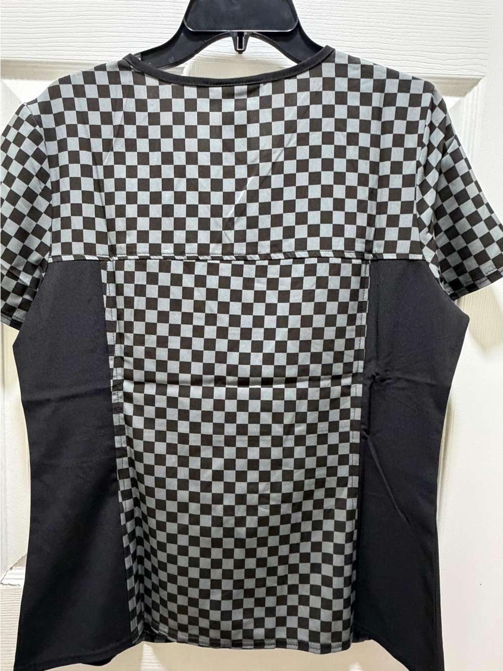Cherokee Black and Gray Checkerboard V-Neck Scrub Top - Picture 3 of 4
